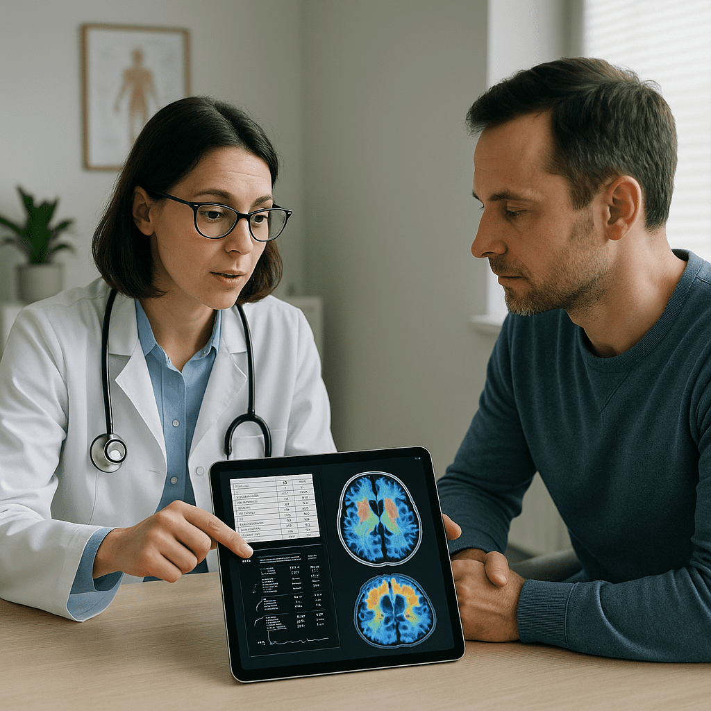 Healthcare professional discussing dementia workup results with a patient, showing brain scans and lab data on a tablet in a modern consultation room.