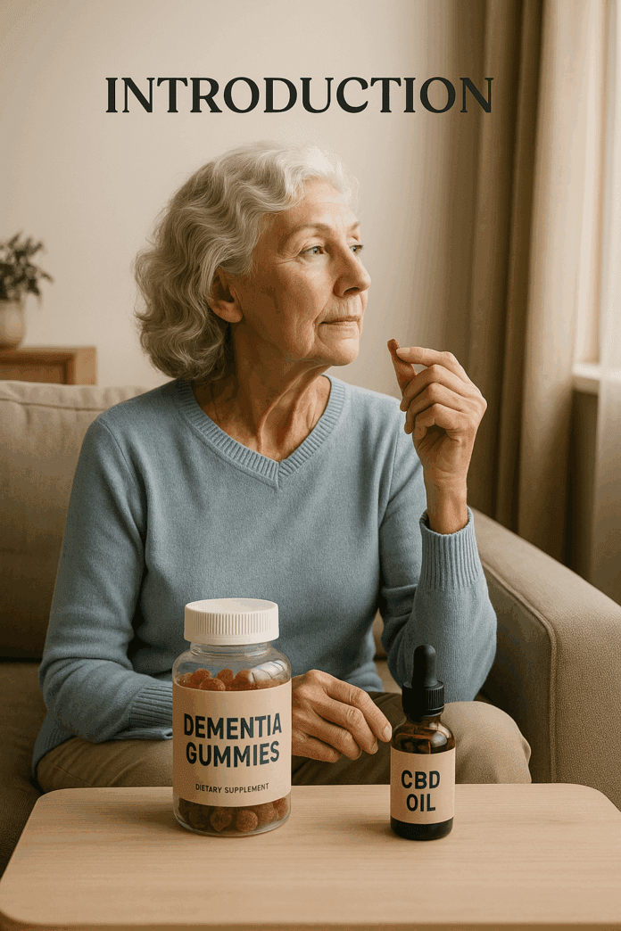 Elderly woman with silver-gray hair holding a gummy while sitting beside a bottle of Dementia Gummies or CBD oil on a coffee table, gazing out of a window in a serene, peaceful living room.