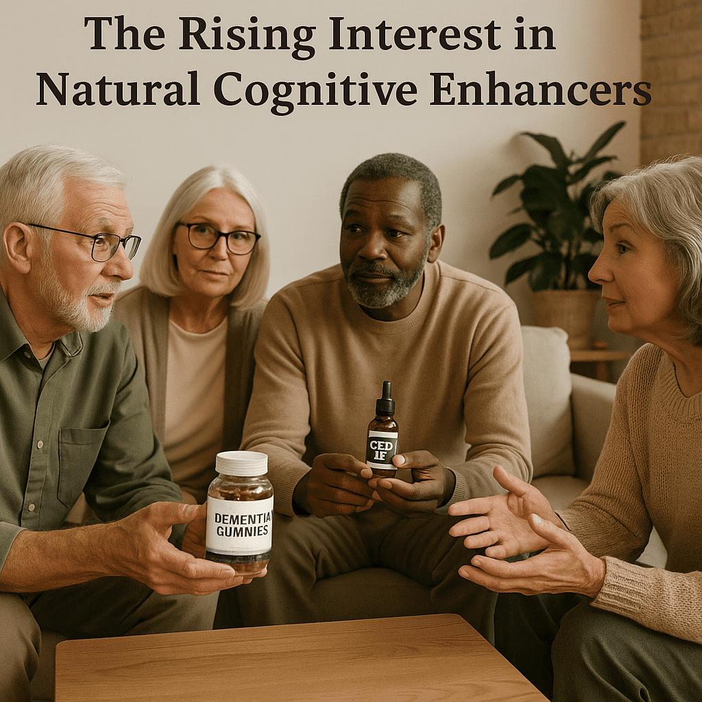 Group of elderly adults discussing natural cognitive health remedies, including Dementia Gummies or CBD oil, in a cozy living room setting.