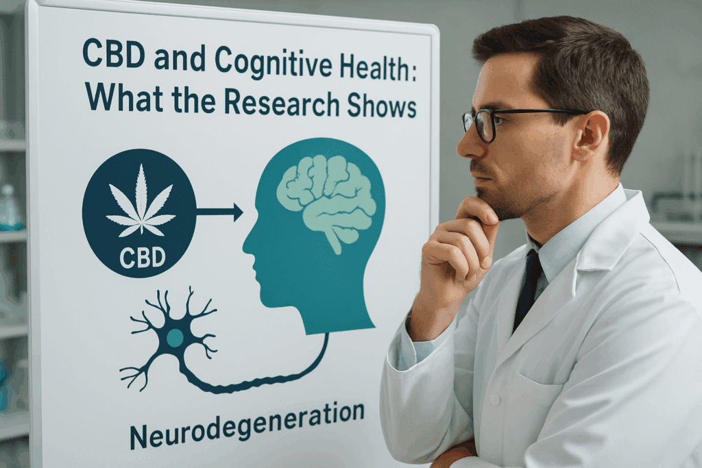 Researcher in a lab examining a whiteboard with a diagram illustrating the effects of Dementia Gummies or CBD on cognitive health and neurodegeneration.