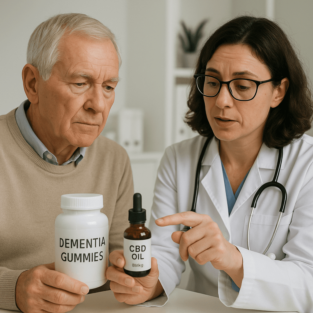 Healthcare professional explaining the labels on Dementia Gummies or CBD oil to an elderly man in a clinical setting, focusing on key features and safety precautions.
