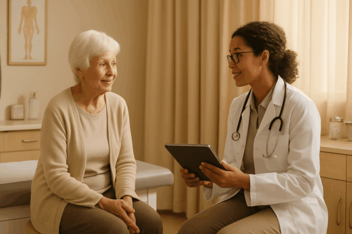Doctor conducting a dementia test with a senior patient in a medical examination room, as part of the process to answer 'How Do Doctors Test for Dementia' in a supportive and compassionate consultation.
