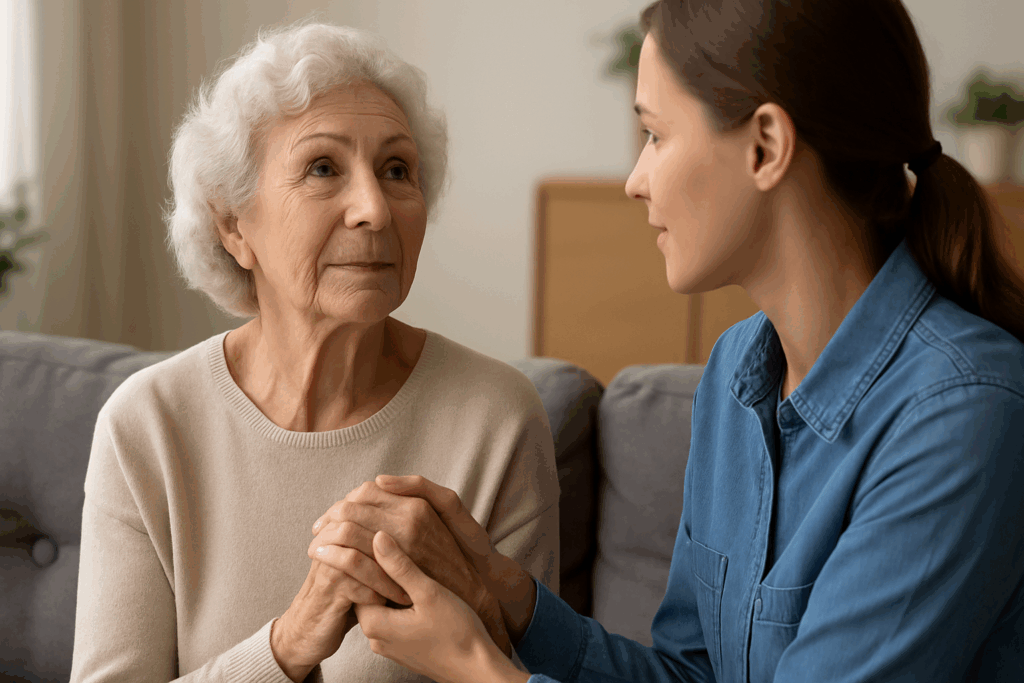 An elderly woman with white hair and a beige sweater, sitting thoughtfully while her younger family member gently holds her hand, demonstrating emotional support. This image illustrates the importance of early dementia detection and the role of family support in the process of testing for dementia.