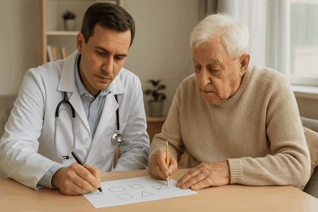 Doctor guiding elderly patient through cognitive assessment activity to test for dementia in a structured evaluation. How Do Doctors Test for Dementia.