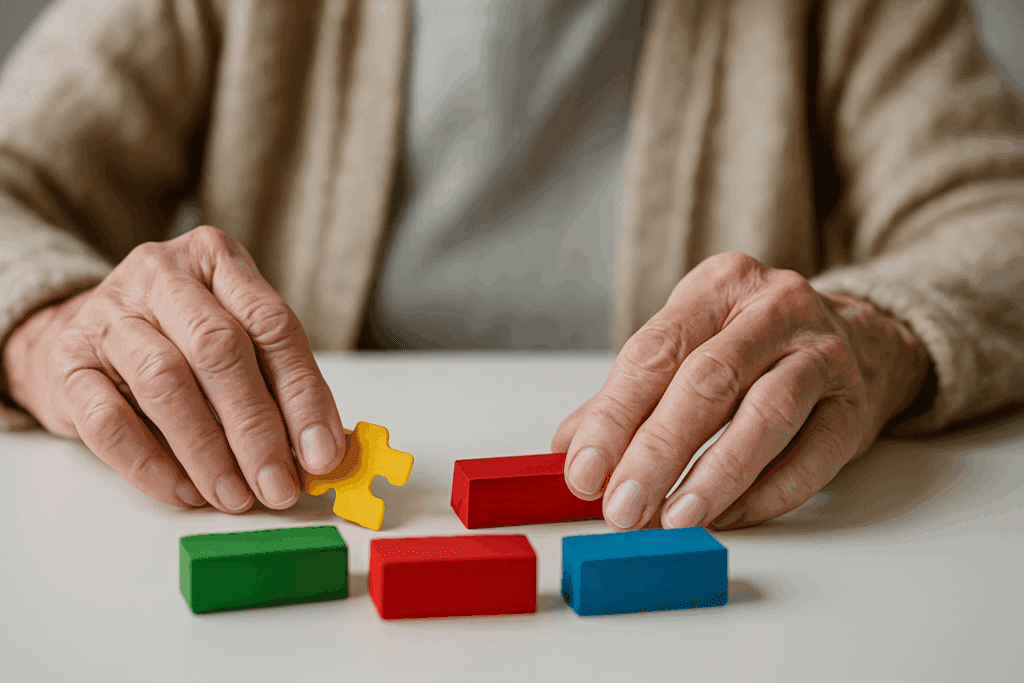 Elderly hands carefully arranging colorful wooden blocks during a cognitive test, illustrating the process of dementia screening. How Do Doctors Test for Dementia?