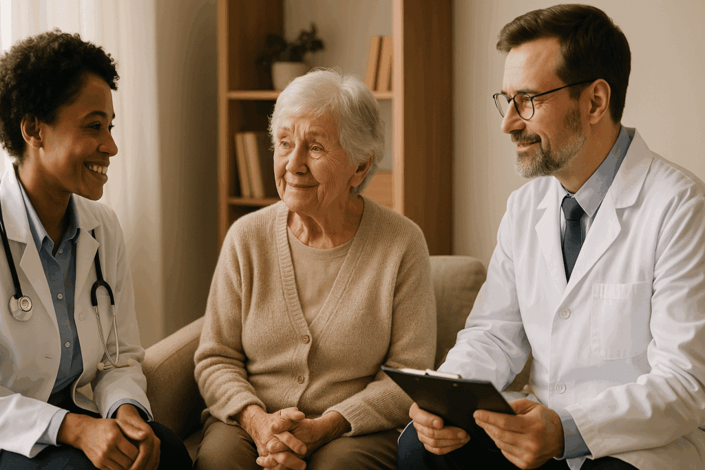 Senior patient seated comfortably during a comprehensive dementia exam with a geriatrician and neurologist, reflecting a collaborative, multidisciplinary approach to testing for dementia.