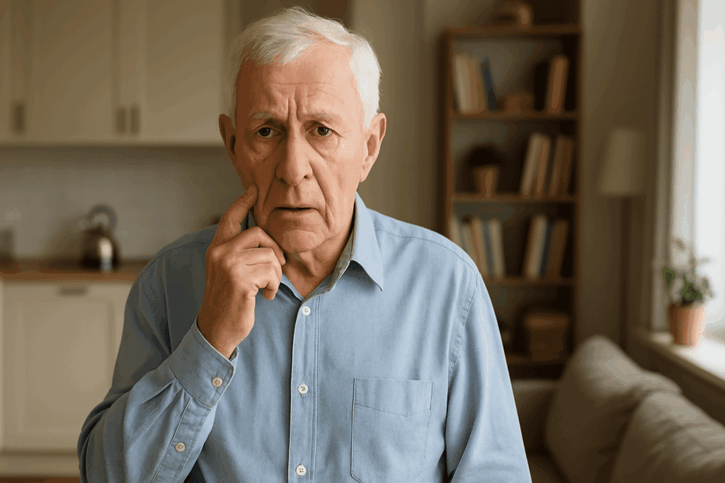 An elderly man in a cozy living room appears confused and thoughtful while engaged in everyday activities, subtly illustrating early signs of cognitive hesitation that might prompt a dementia assessment, illustrating the question: How Do Doctors Test for Dementia?