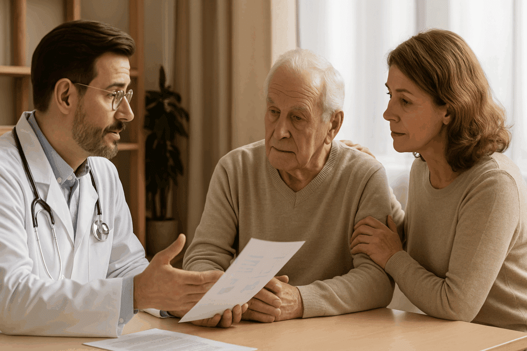 Doctor explaining dementia test results to an elderly patient and caregiver in a calm, reassuring consultation, illustrating how doctors test for dementia through clear communication and compassionate guidance.
