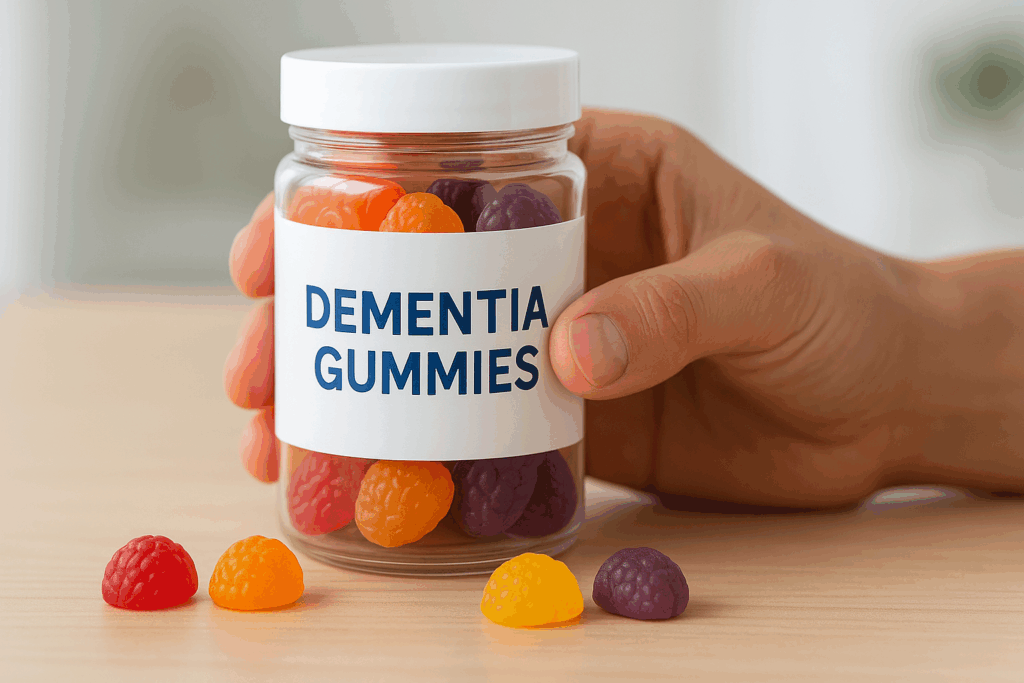 Hand holding a jar of colorful dementia gummies with brain-shaped gummies beside it on a table, highlighting the chewable, easy-to-take nature of Dementia Gummies.