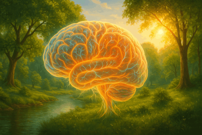 Glowing brain blending with trees and river at sunset, symbolizing natural wellness and how to prevent cognitive decline.