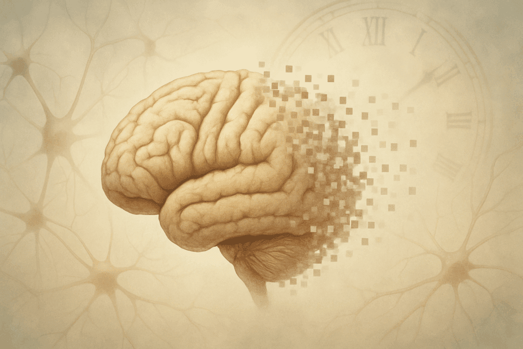 Aging human brain gradually fragmenting into pixels, illustrating how to prevent cognitive decline with a backdrop of neurons and a faint clock.