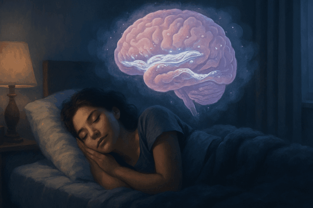 Peaceful night scene of a woman sleeping in a softly lit bedroom, symbolizing how to prevent cognitive decline through restorative sleep and brain detox.