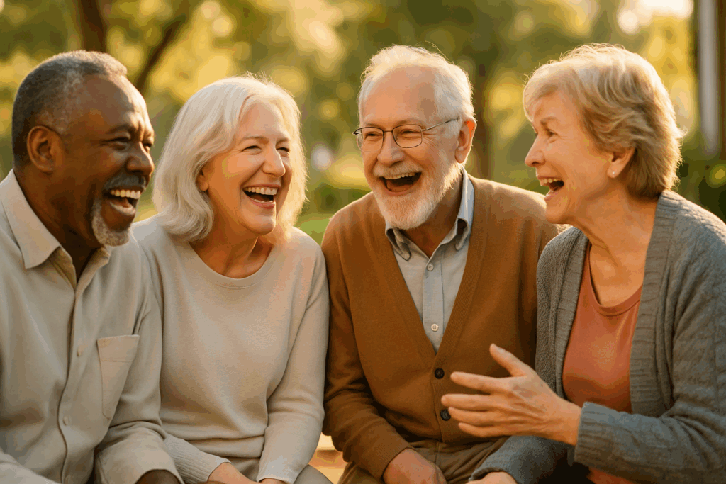 Older adults laughing together in a sunny park, illustrating how to prevent cognitive decline through social connection and emotional engagement.