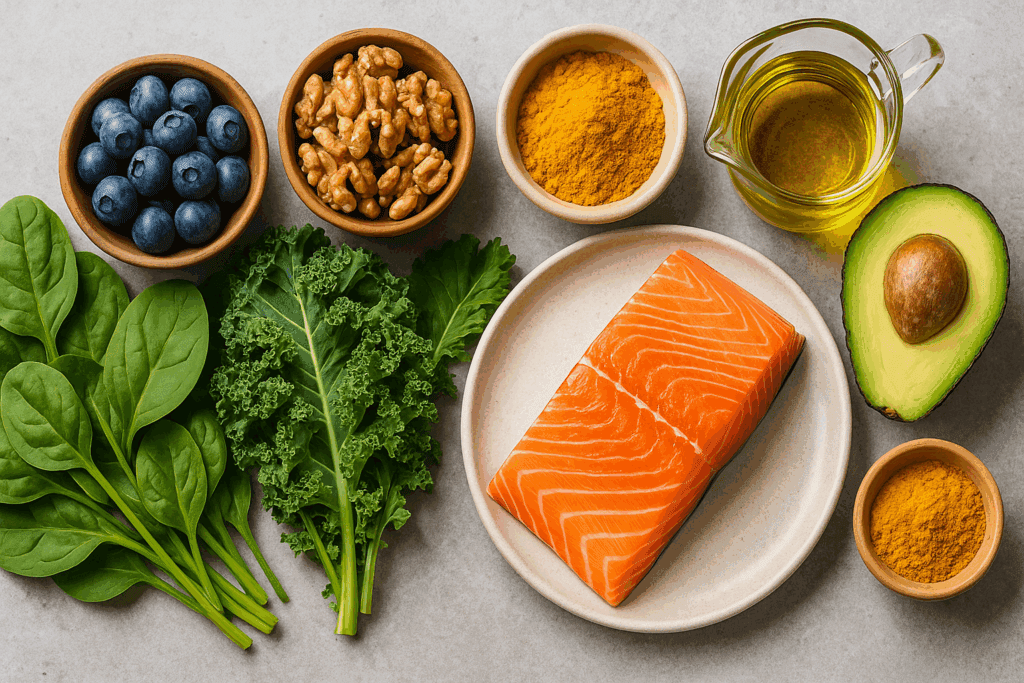 Colorful spread of Mediterranean and MIND diet foods like salmon, walnuts, blueberries, leafy greens, turmeric, and olive oil, promoting how to prevent cognitive decline.