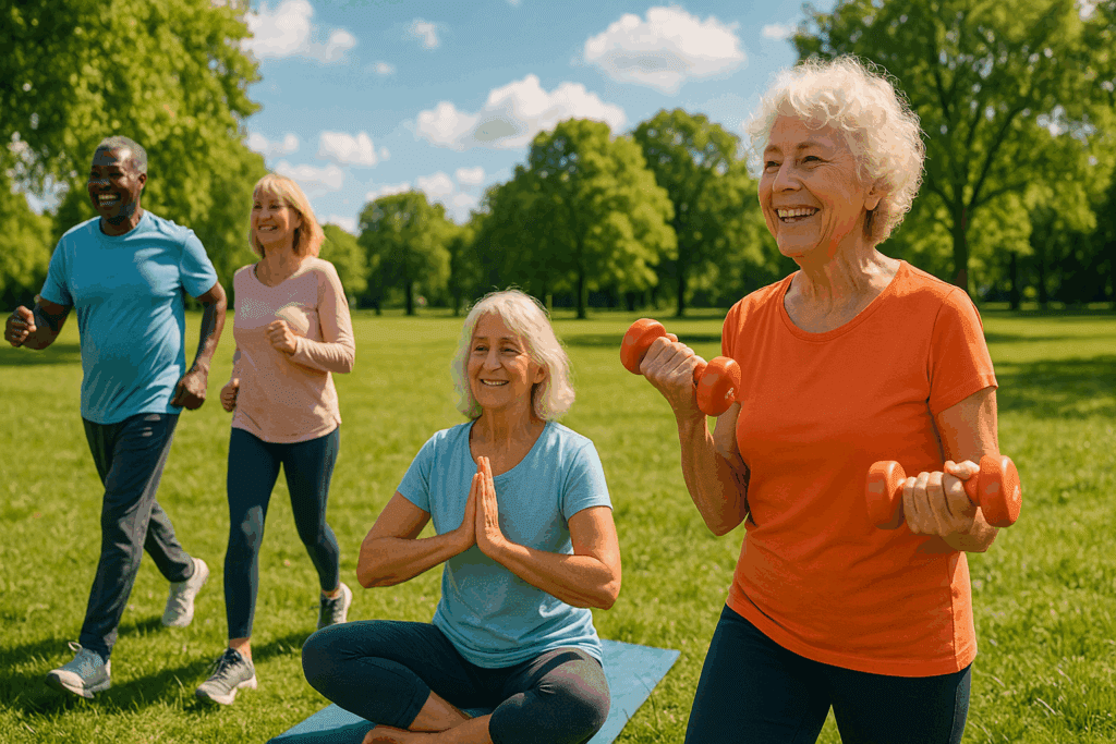 Older adults engaging in outdoor yoga, brisk walking, and strength training in a sunny park, promoting vitality and demonstrating how to prevent cognitive decline.