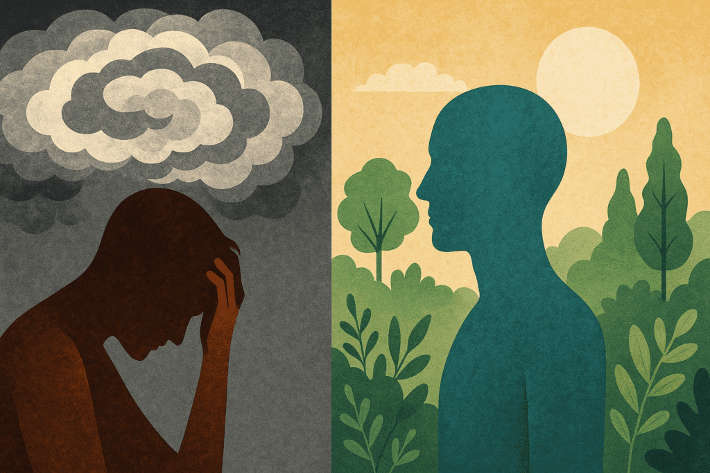 Abstract illustration showing a stressed silhouette with swirling clouds and a relaxed silhouette in nature, symbolizing how to prevent cognitive decline.