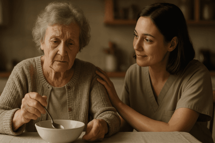 Elderly woman with dementia holding a spoon at a kitchen table, looking confused, while a caregiver offers support, illustrating challenges when dementia patients stop eating.