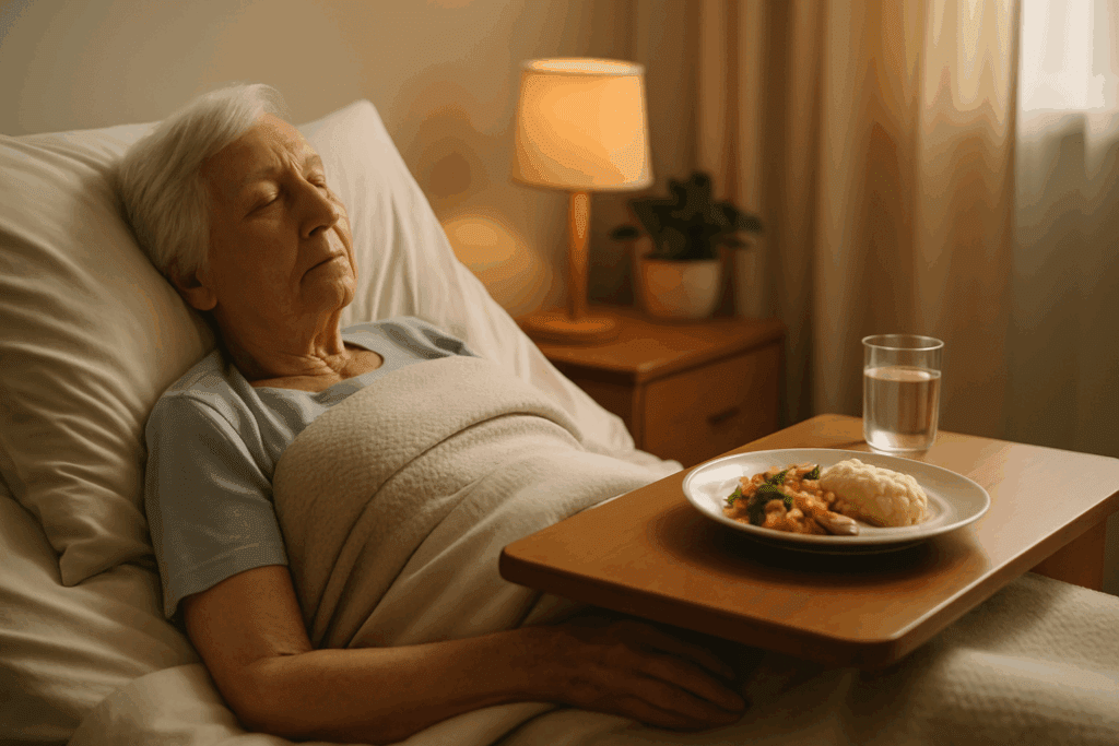 Elderly woman resting peacefully in a hospice room with untouched food nearby, illustrating the stage when dementia patients stop eating.