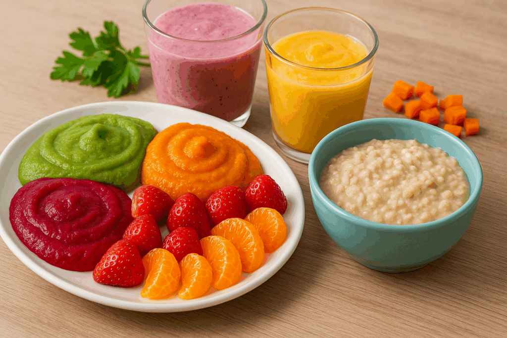 Vibrant plate of soft, nutrient-rich foods like smoothies, pureed vegetables, fruits, and oatmeal designed to help dementia patients stop eating difficulties.