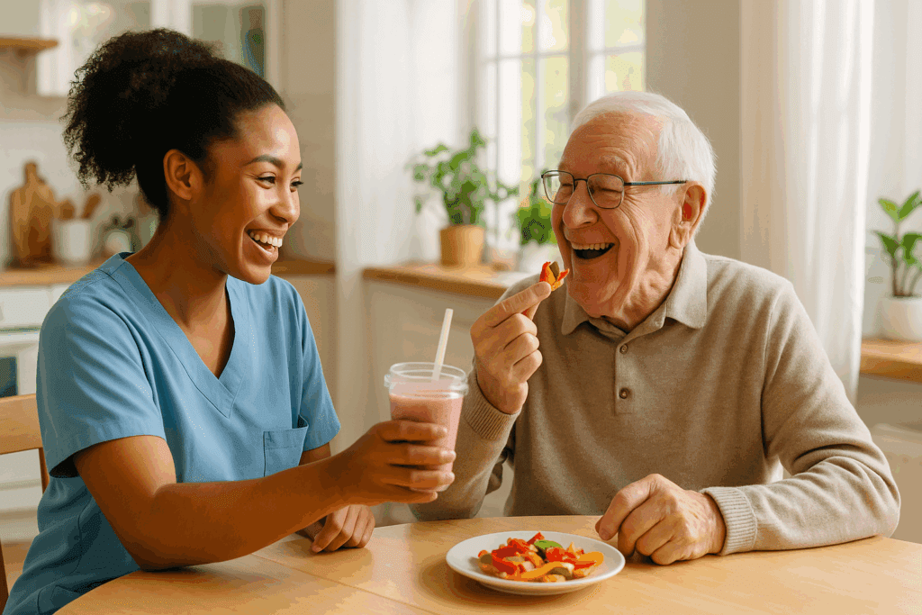 Caregiver sharing colorful finger foods and a smoothie with an elderly man to encourage nutrition when dementia patients stop eating.