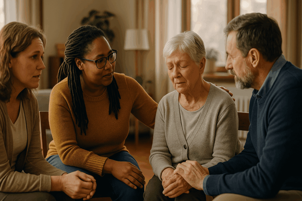 Support group offering emotional support in a living room setting, discussing challenges when dementia patients stop eating.