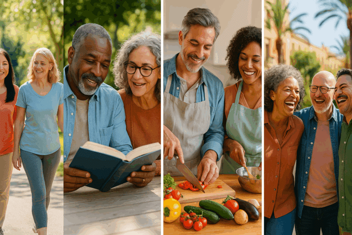 Diverse group of middle-aged adults walking outdoors, cooking Mediterranean food, and laughing together to protect your brain health.