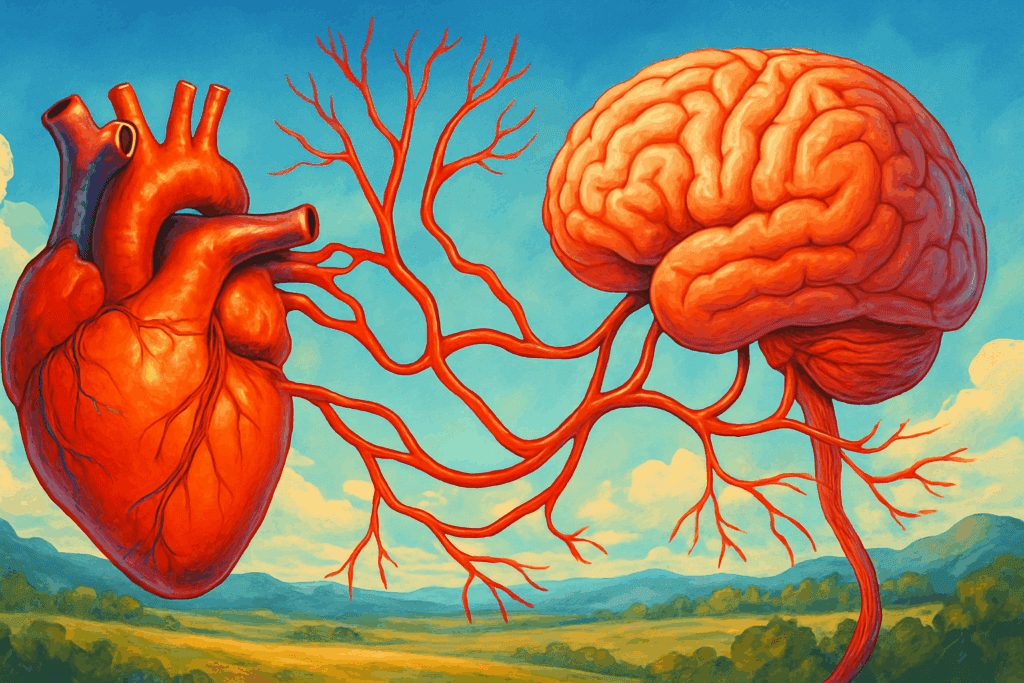 Healthy heart and brain connected by vibrant blood vessels under a clear sky, symbolizing how strong cardiovascular health can protect your brain health.
