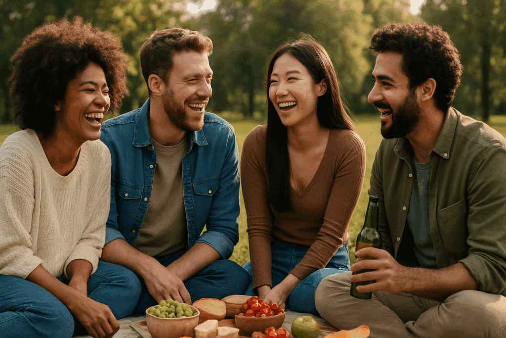 Group of diverse friends laughing and sharing a picnic outdoors, highlighting the importance of social connection to protect your brain health.