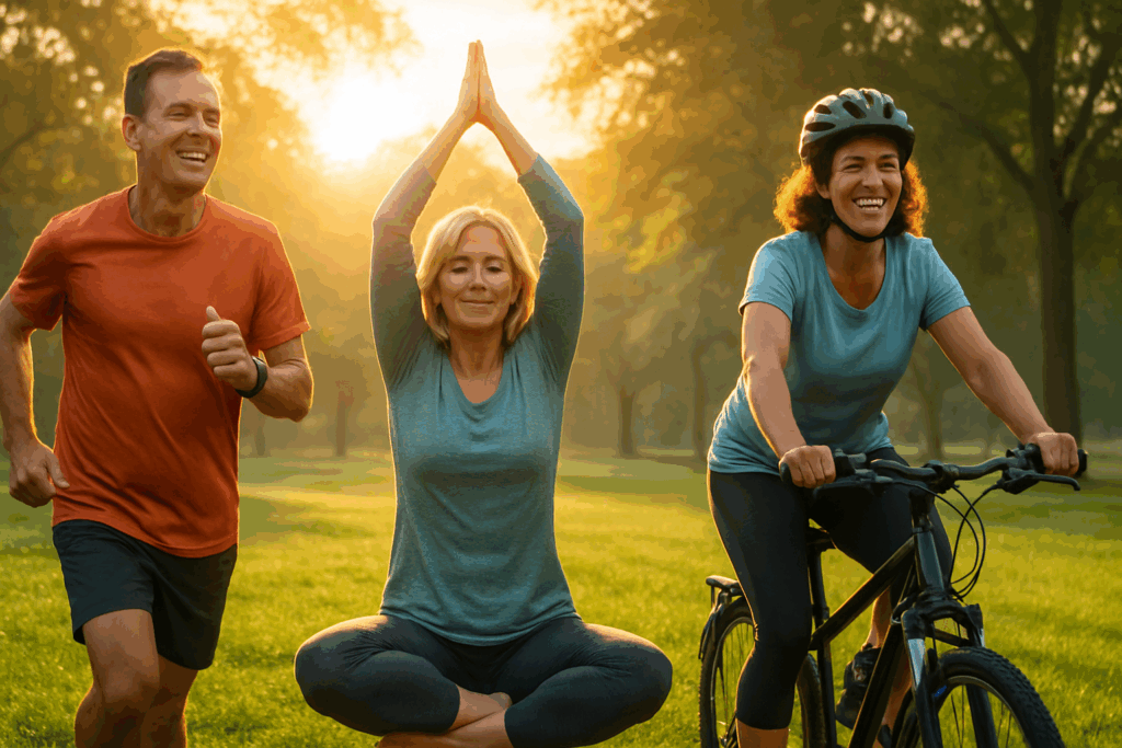 Middle-aged adults jogging, practicing yoga, and cycling in a sunny park to stay active and protect your brain health.