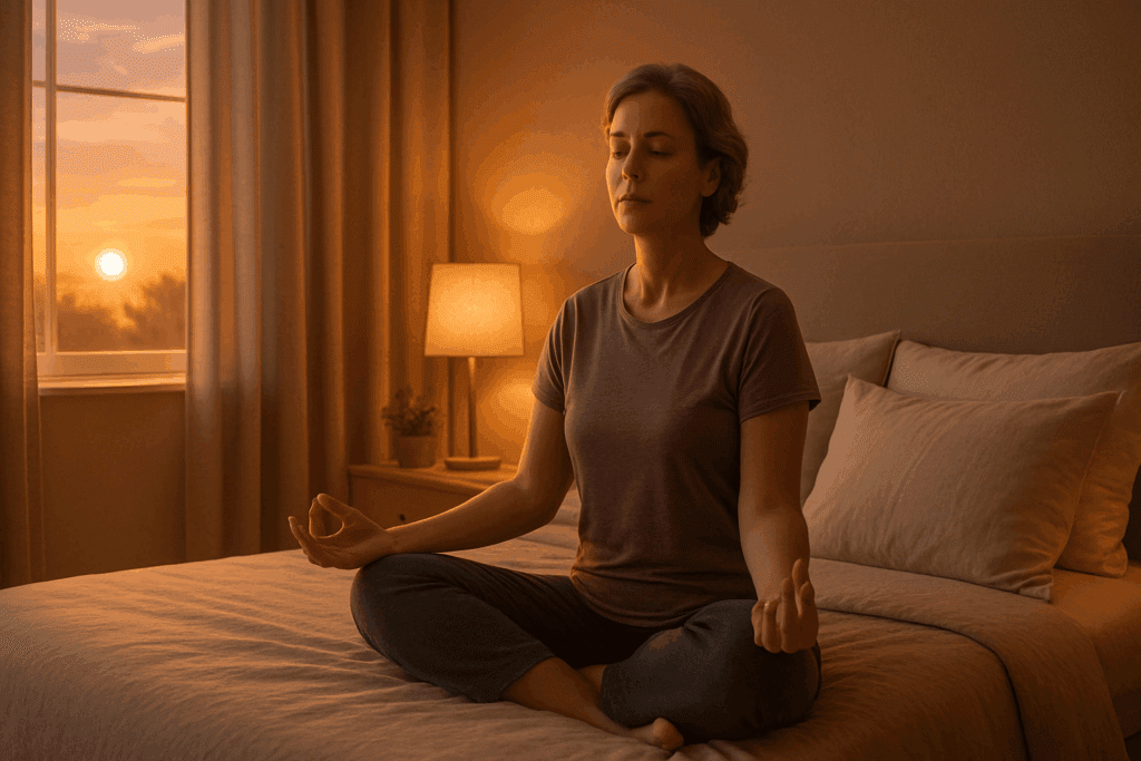 Middle-aged woman meditating in a cozy bedroom at sunset to protect your brain health through stress relief and good sleep hygiene.