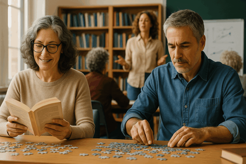 Middle-aged man and woman engaging in reading, puzzles, and a lively adult education class to protect your brain health.