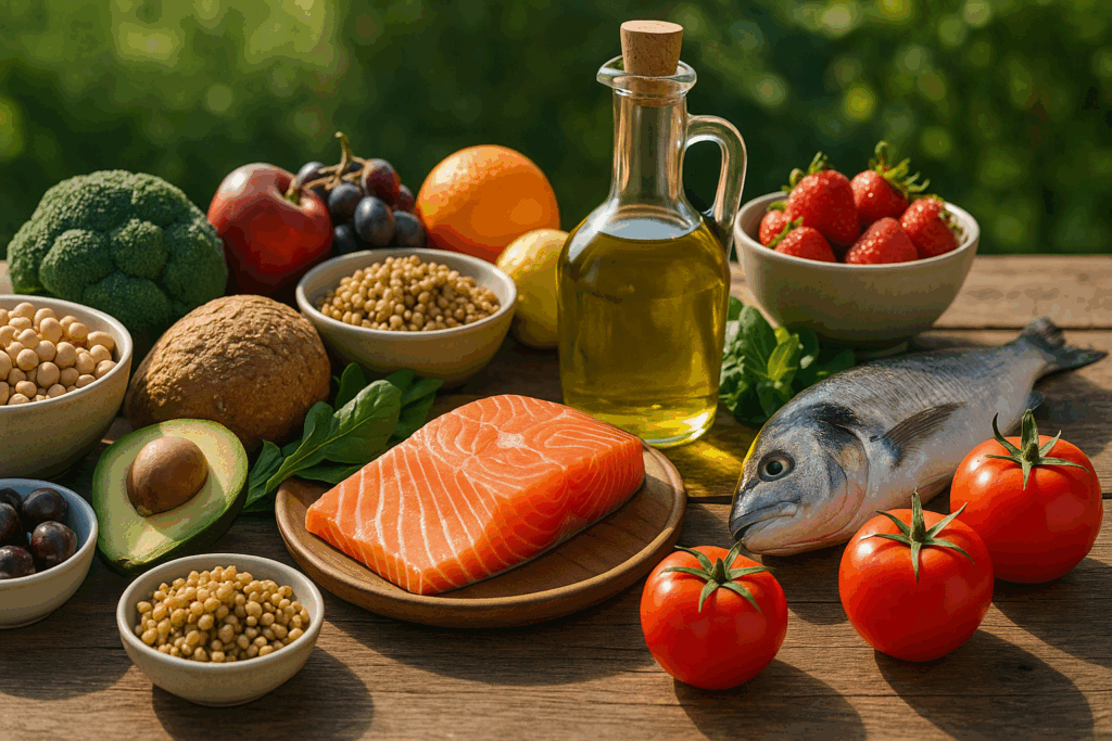 Colorful Mediterranean diet foods including salmon, fresh fish, olive oil, fruits, and whole grains arranged outdoors to protect your brain health.