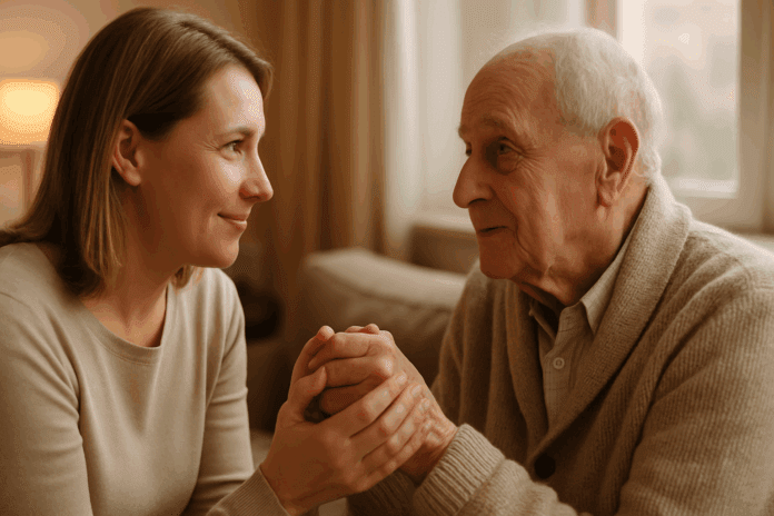 Compassionate adult gently holding hands with elderly parent in cozy living room, illustrating how to deal with a parent with dementia.