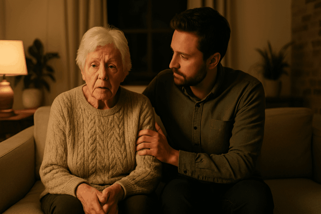 Adult child offering emotional support to an elderly parent in a cozy living room, illustrating how to deal with a parent with dementia.