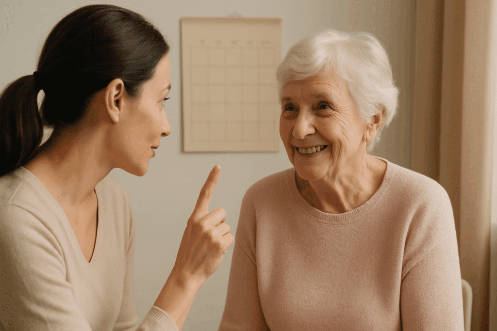 Caregiver using gestures and eye contact to deal with a parent with dementia, smiling together indoors with a daily routine calendar behind them.