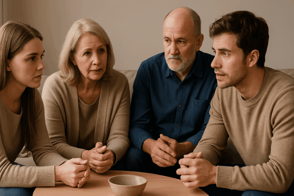 Family members of different generations having a heartfelt conversation in a cozy living room to deal with a parent with dementia.