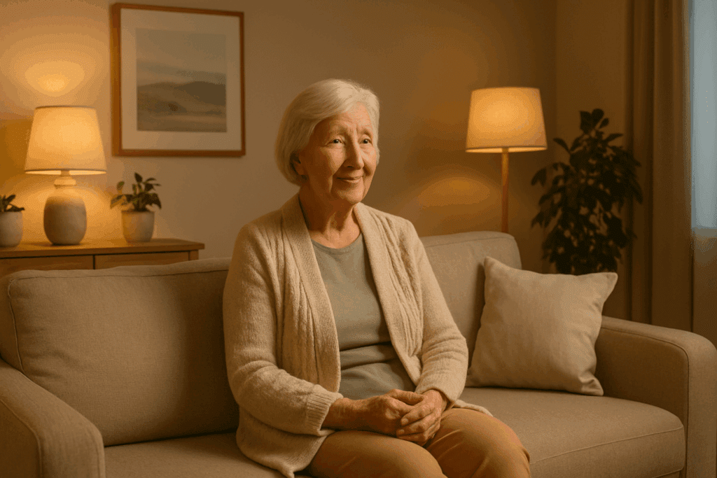 Cozy dementia-friendly living room with soothing lighting and minimal clutter to help deal with a parent with dementia.