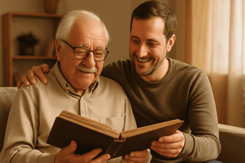 Adult child smiling with elderly parent while looking at a photo album, showing how to deal with a parent with dementia.