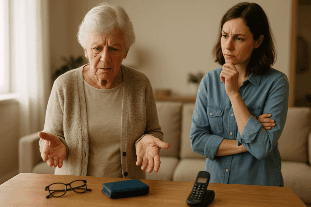 Elderly woman looking confused at misplaced objects in a living room while an adult daughter watches thoughtfully, illustrating how to deal with a parent with dementia.