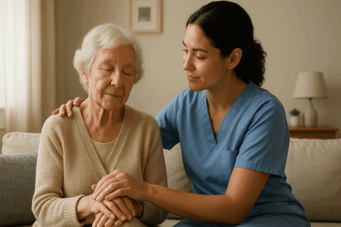 Compassionate caregiver comforting an elderly woman in a cozy, sunlit room, showing how to calm an agitated dementia patient with gentle support.