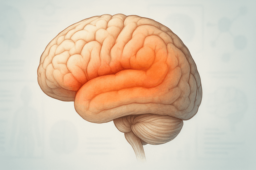Detailed brain illustration highlighting frontal and temporal lobes affected by dementia, supporting understanding of how to calm an agitated dementia patient.