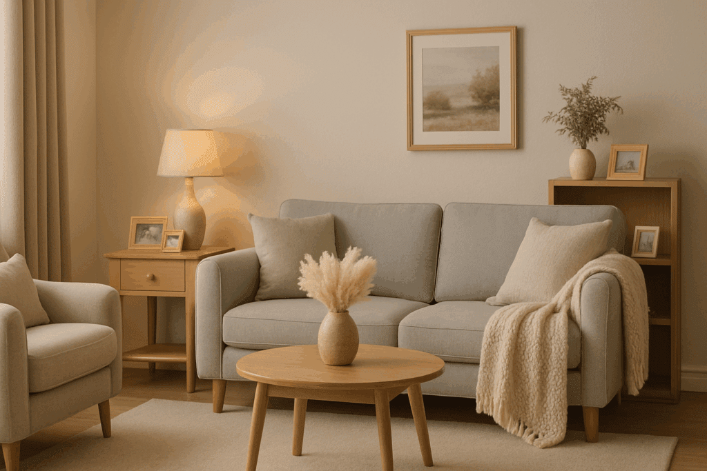 Peaceful dementia-friendly living room with muted colors, cozy blankets, and family photos, illustrating how to calm an agitated dementia patient.