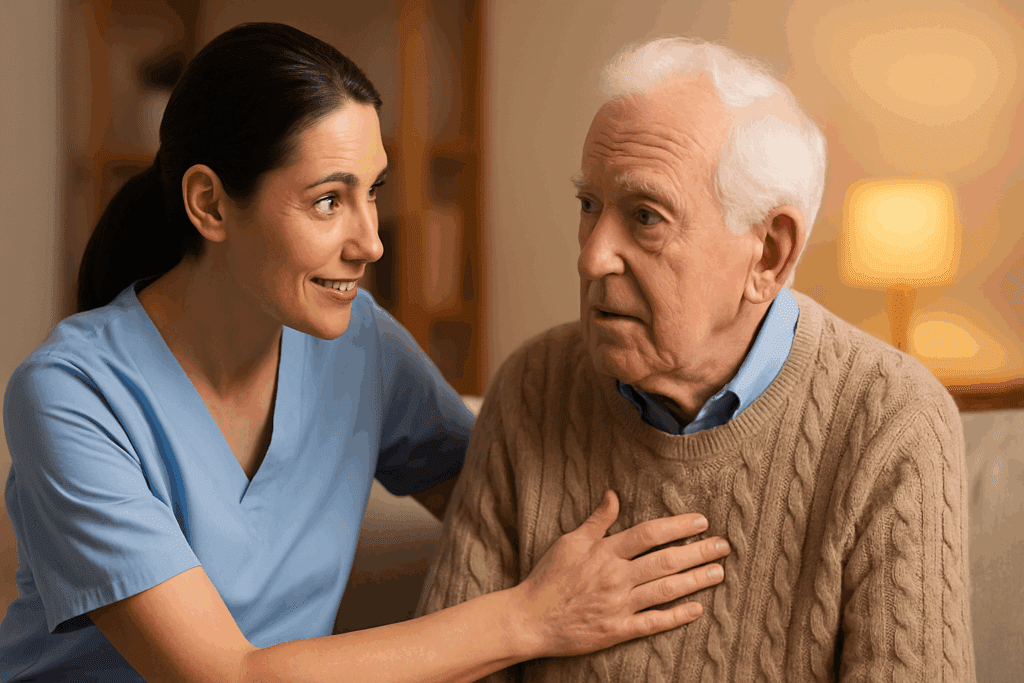 Caregiver using reassuring touch and direct eye contact to show how to calm an agitated dementia patient in a warm, comforting living room.