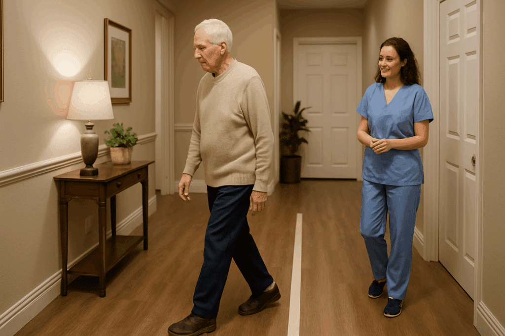 Elderly dementia patient calmly pacing along a safe indoor path while caregiver observes supportively, illustrating how to calm an agitated dementia patient.