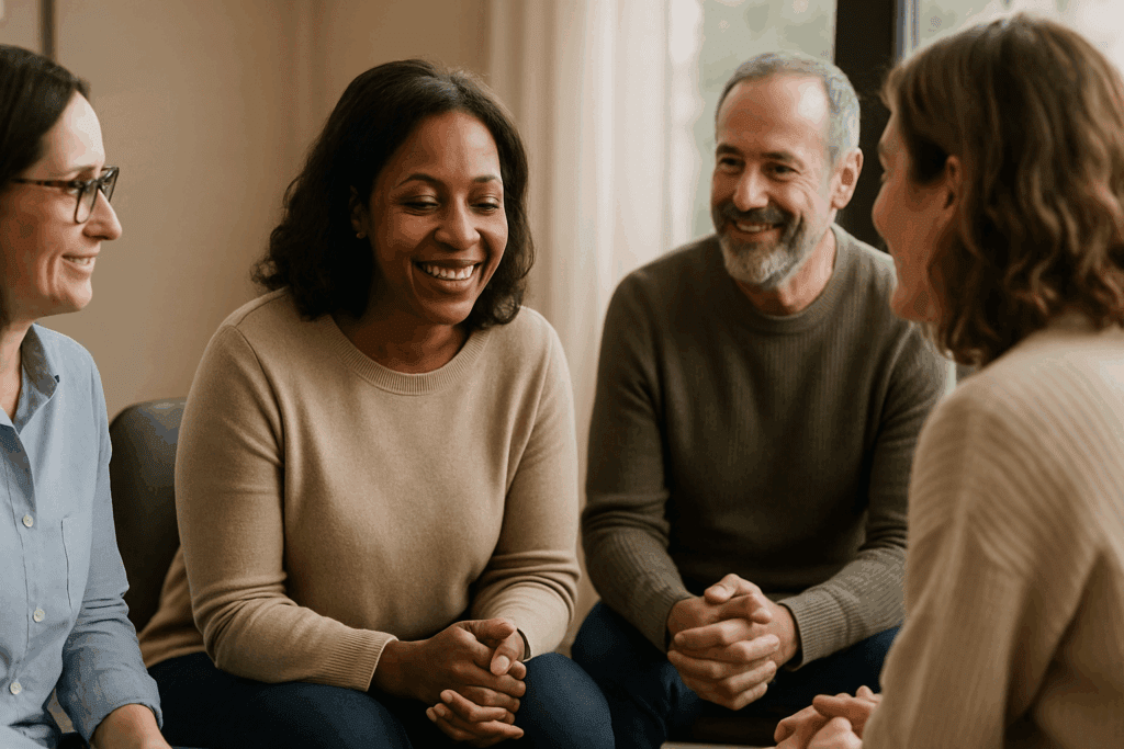 Caregivers sitting in a support group, sharing experiences with expressions of relief and empathy, learning how to calm an agitated dementia patient.