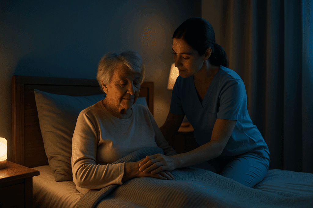 Caregiver helping how to calm an agitated dementia patient with gentle techniques to reduce anxiety and promote relaxation.