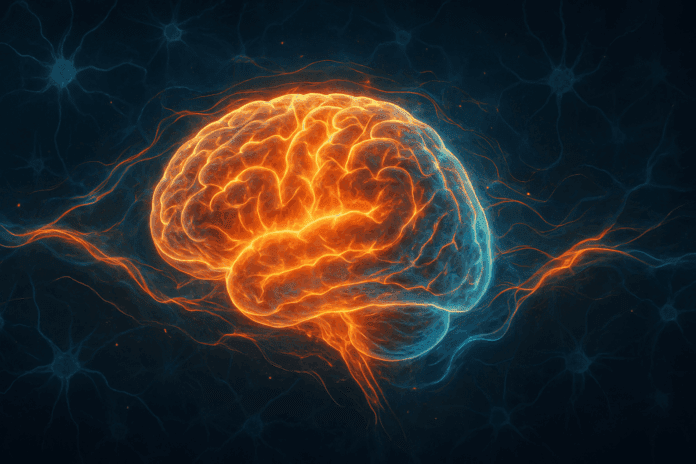 Glowing human brain surrounded by dynamic light currents symbolizing neuroplasticity and resilience, illustrating how recovery may occur after you lose brain cells.