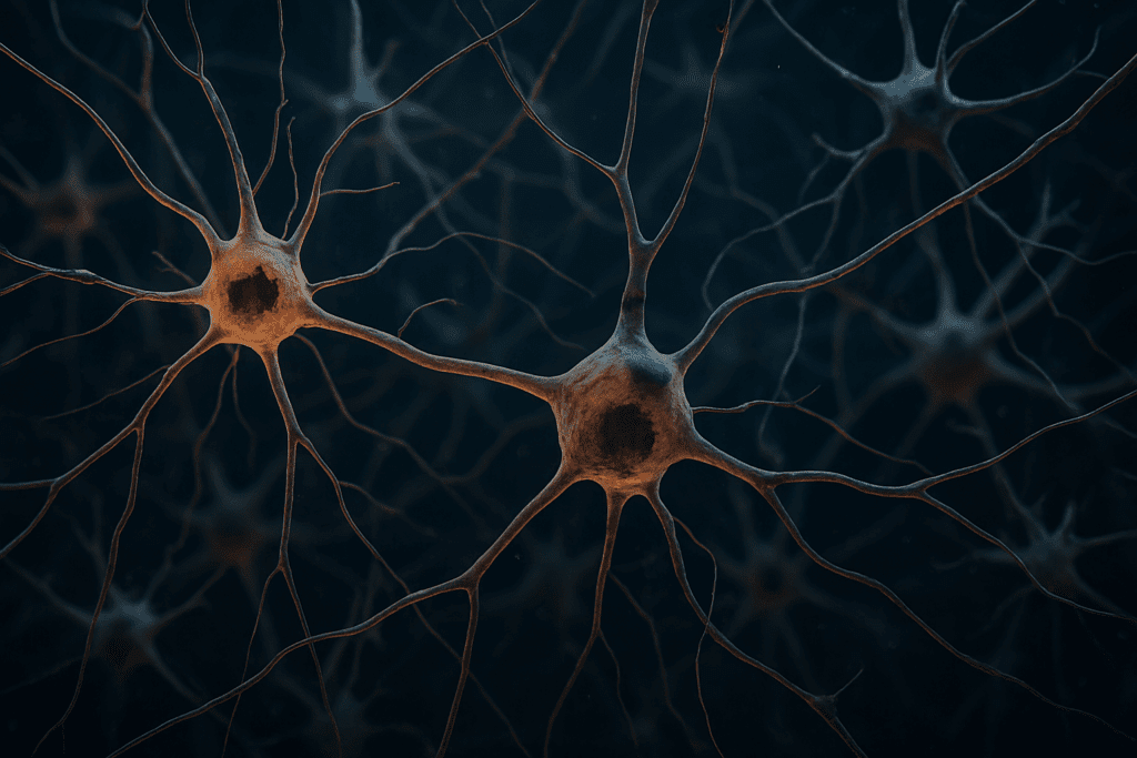 3D-rendered network of neurons and glial cells in the human brain, highlighting vulnerability points where people may lose brain cells.