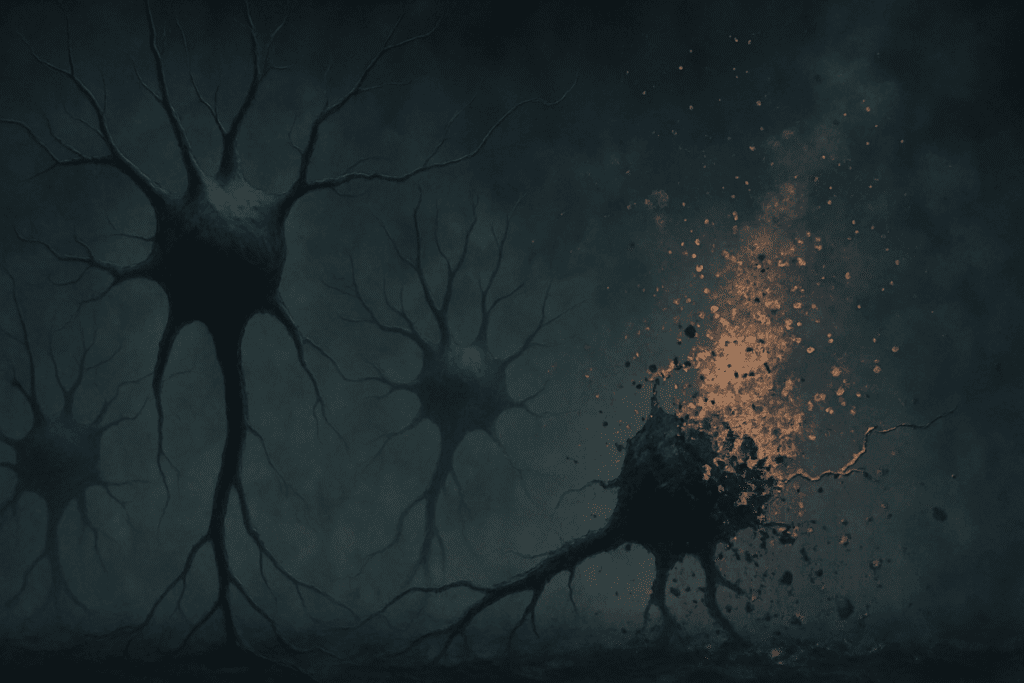 Illustration showing neurons undergoing apoptosis with disintegration into particles, depicting how biological processes lose brain cells.