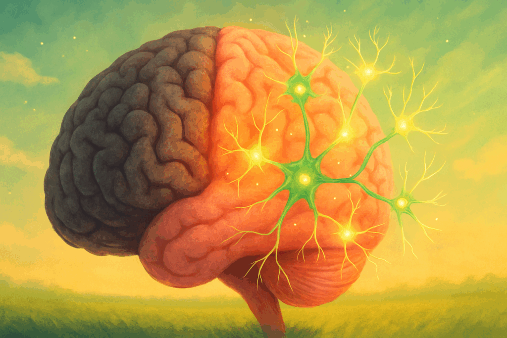 Partially damaged brain regenerating neurons and synapses, symbolizing recovery after you lose brain cells.